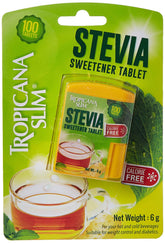 Tropicana Slim Stevia Sweetener Tablet pack with 100 tablets and small jar next to cup of tea